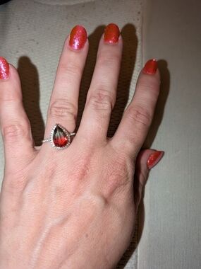 Sterling Ring with Red Mystic Topaz Teardrop Gemstone and Pavé Accents